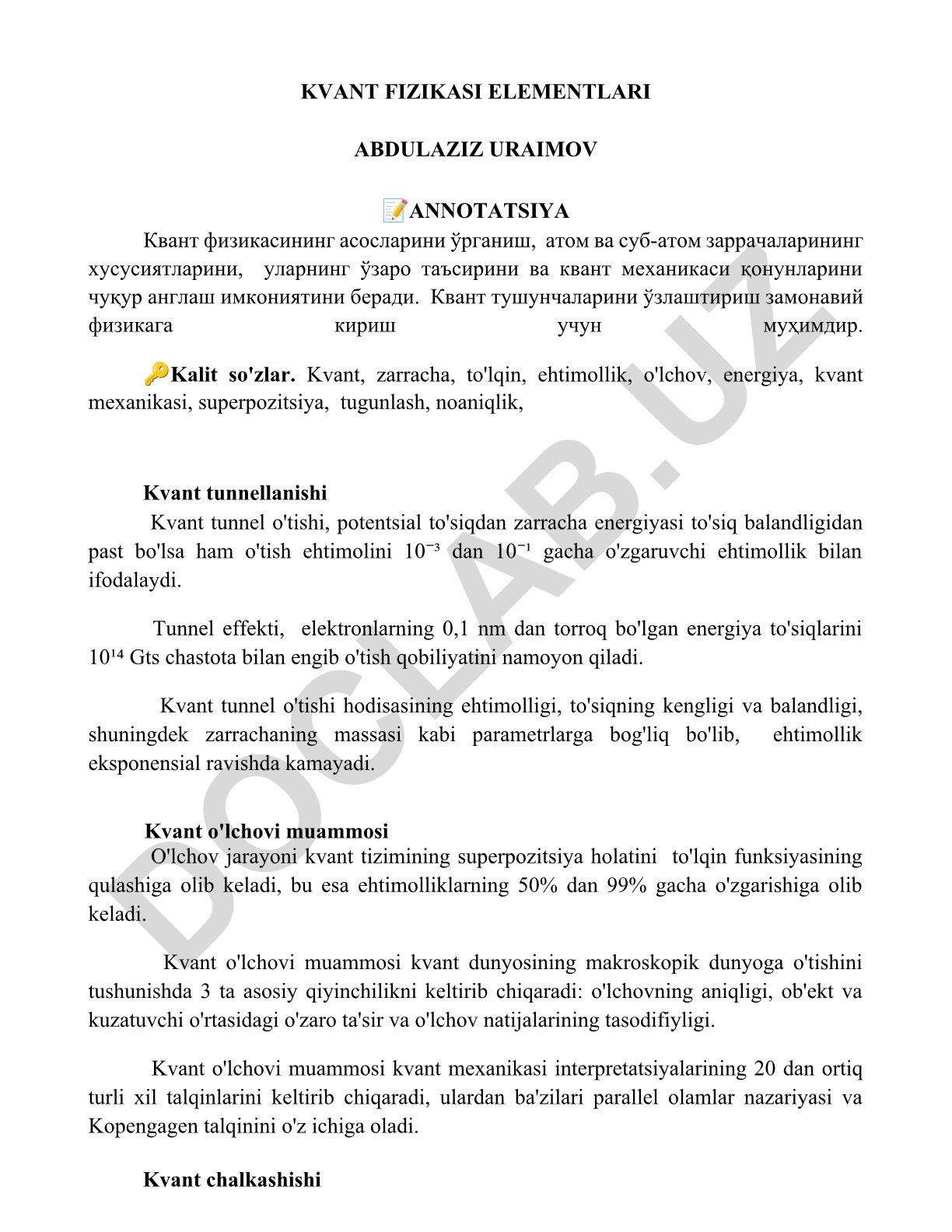 Kvant fizikasi elementlari