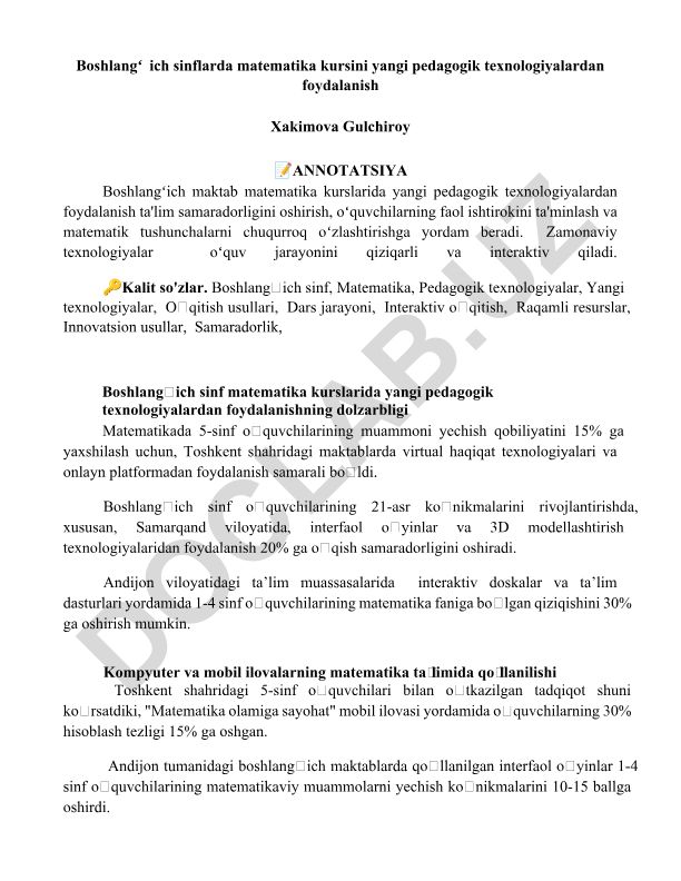 Boshlangʻich sinflarda matematika kursini yangi pedagogik texnologiyalardan foydalanish