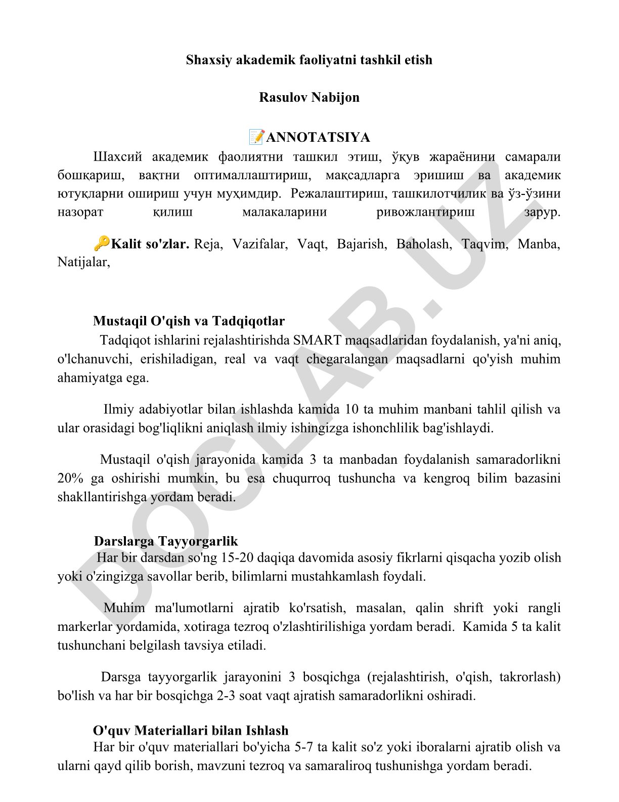 Shaxsiy akademik faoliyatni tashkil etish