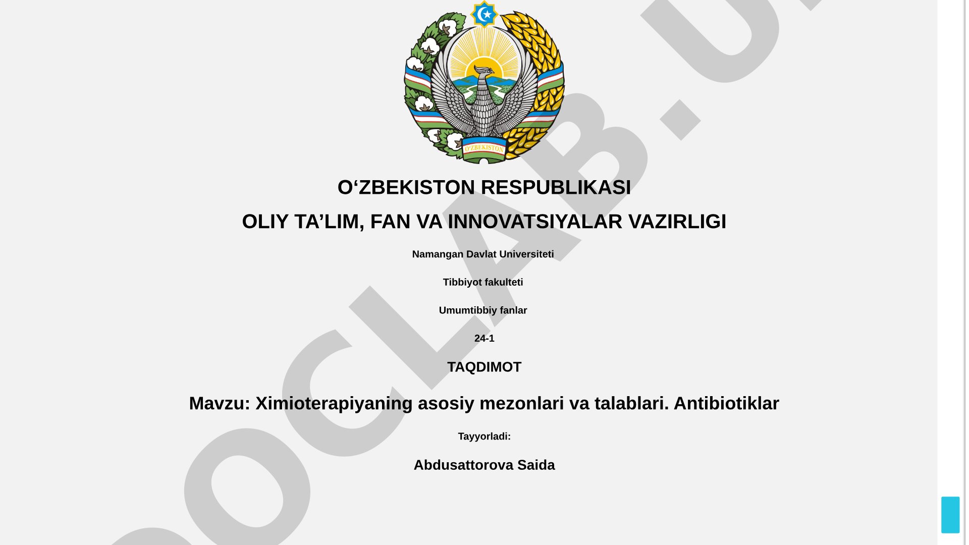Ximioterapiyaning asosiy mezonlari va talablari. Antibiotiklar