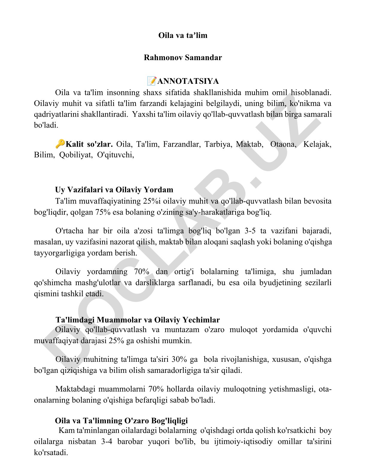 Oila va ta'limning farzand shakllanishidagi o'zaro bog'liqligi