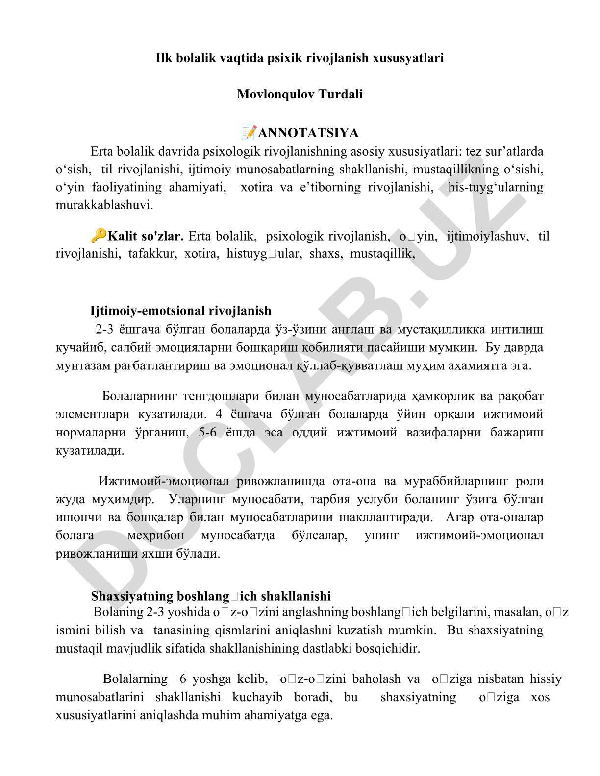 Ilk bolalik vaqtida psixik rivojlanish xususyatlari