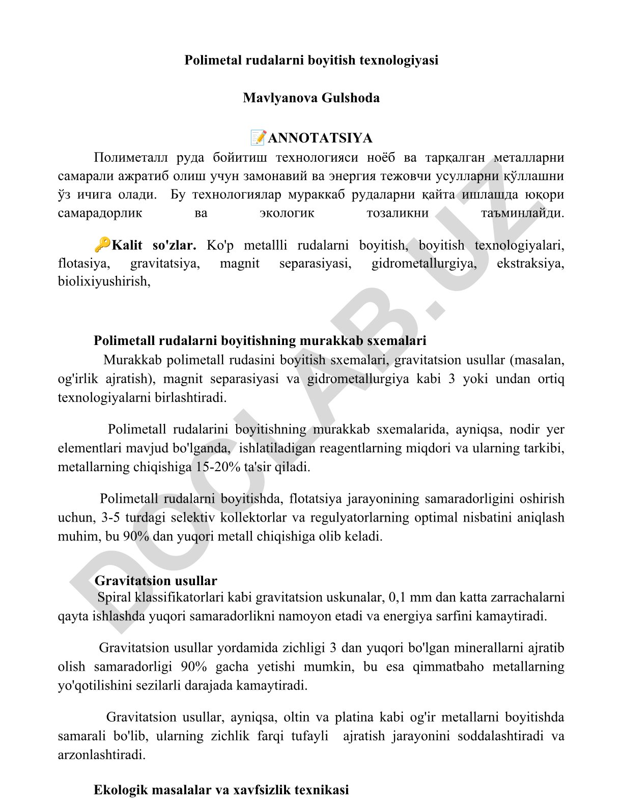 Polimetal rudalarni boyitish texnologiyasi
