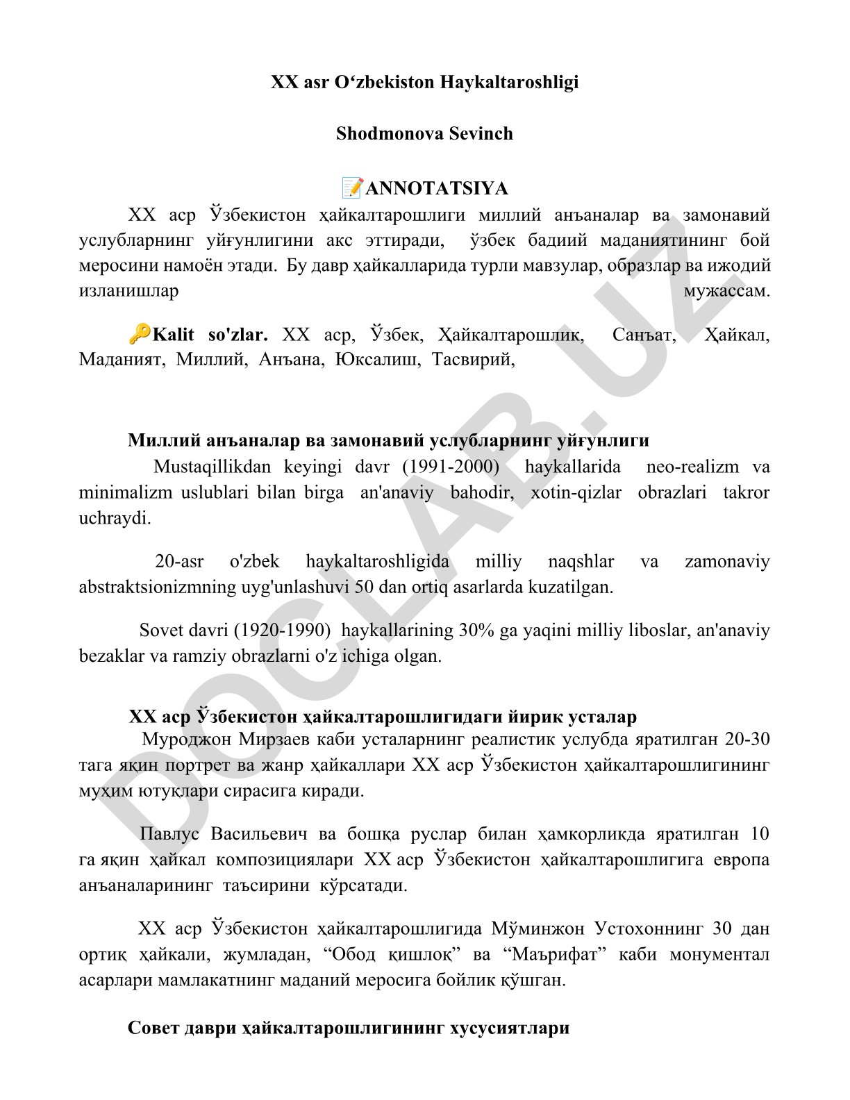 XX asr Oʻzbekiston haykaltaroshligi