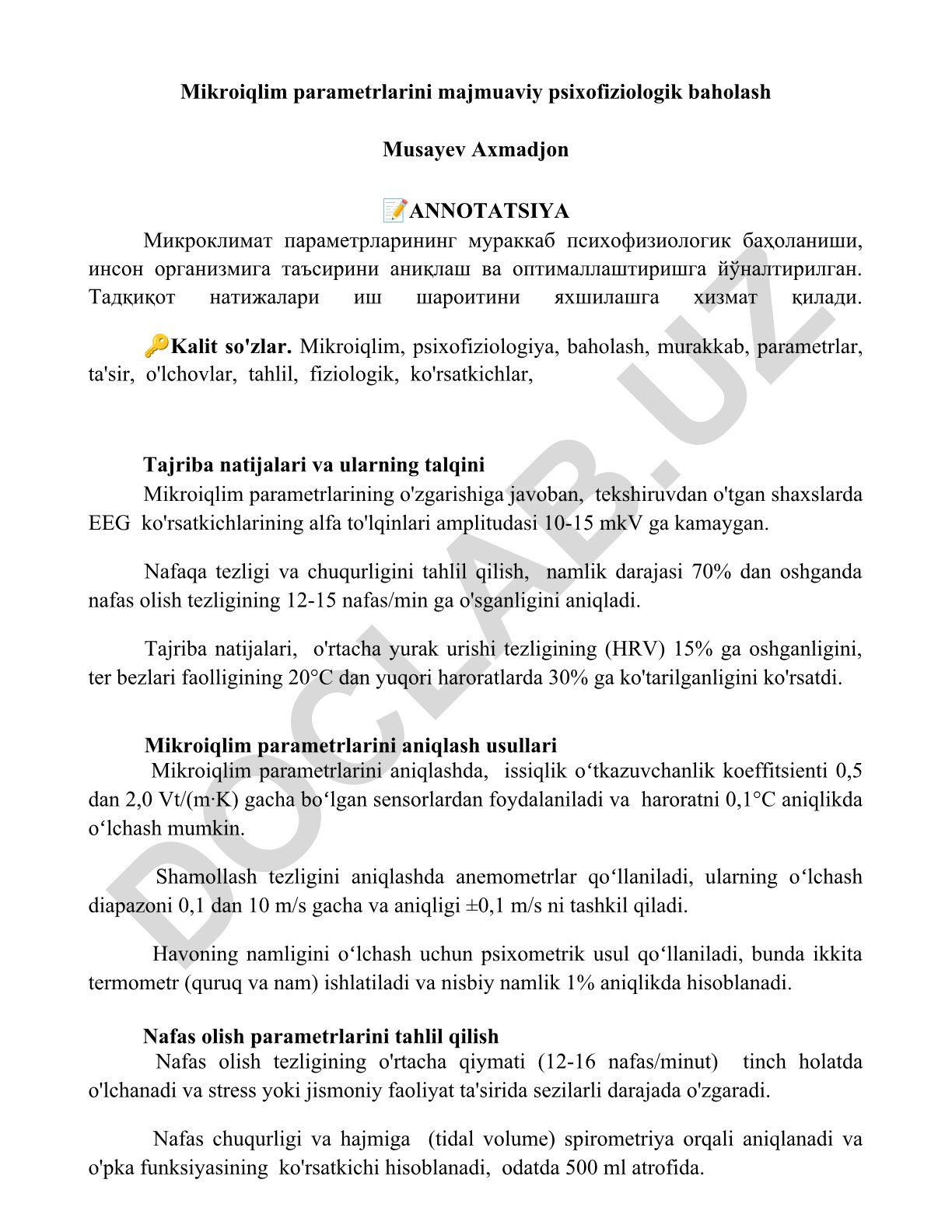 Mikroiqlim parametrlarini majmuaviy psixofiziologik baholash