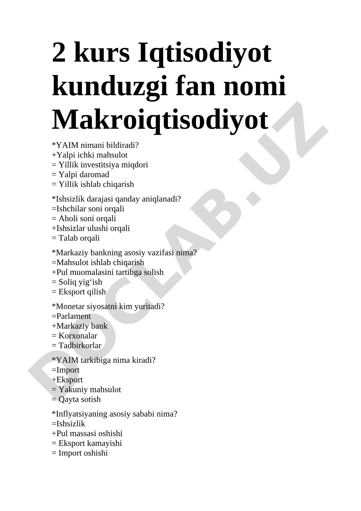 Makroiqtisodiyot fanidan test savollari
