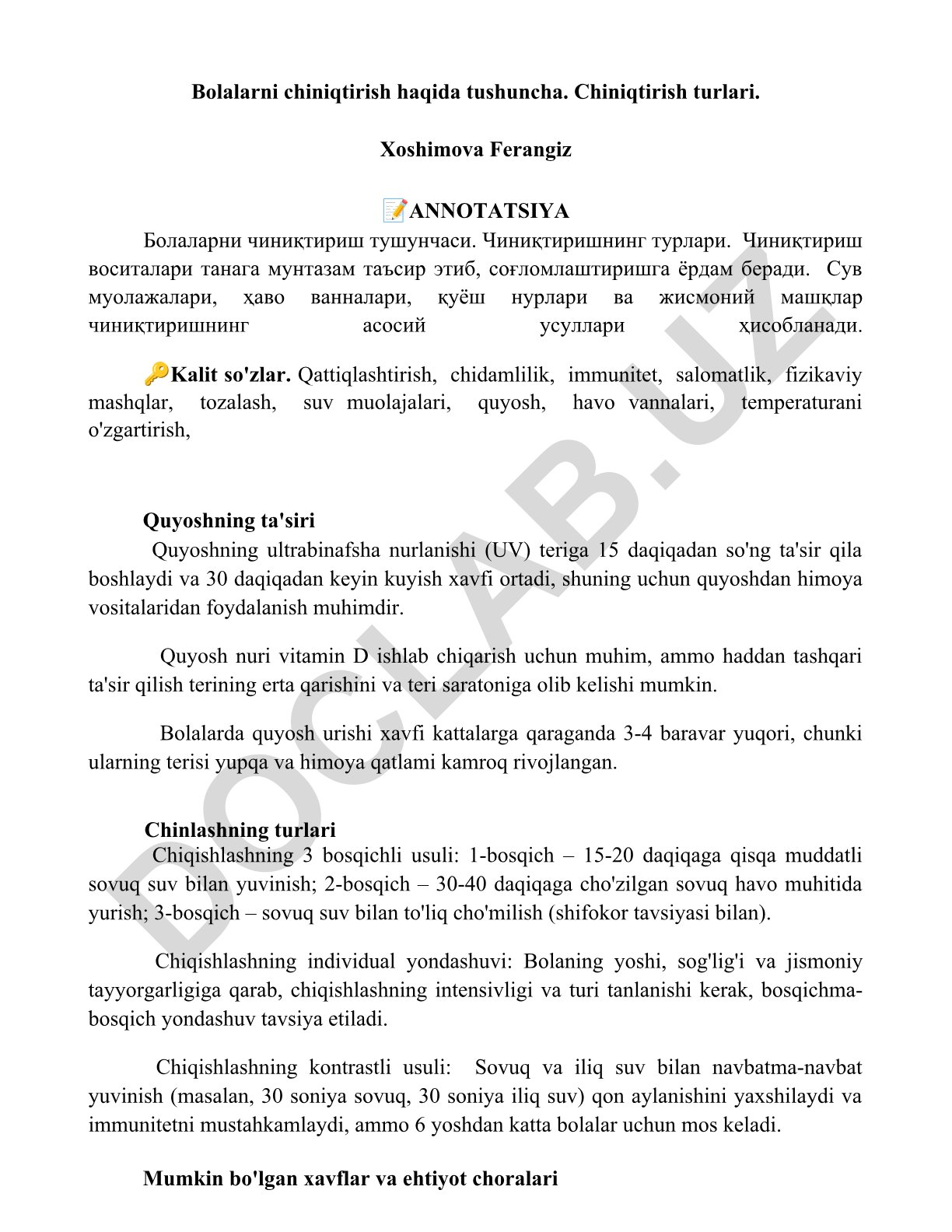 Bolalarni chiniqtirish tushunchasi va turlari