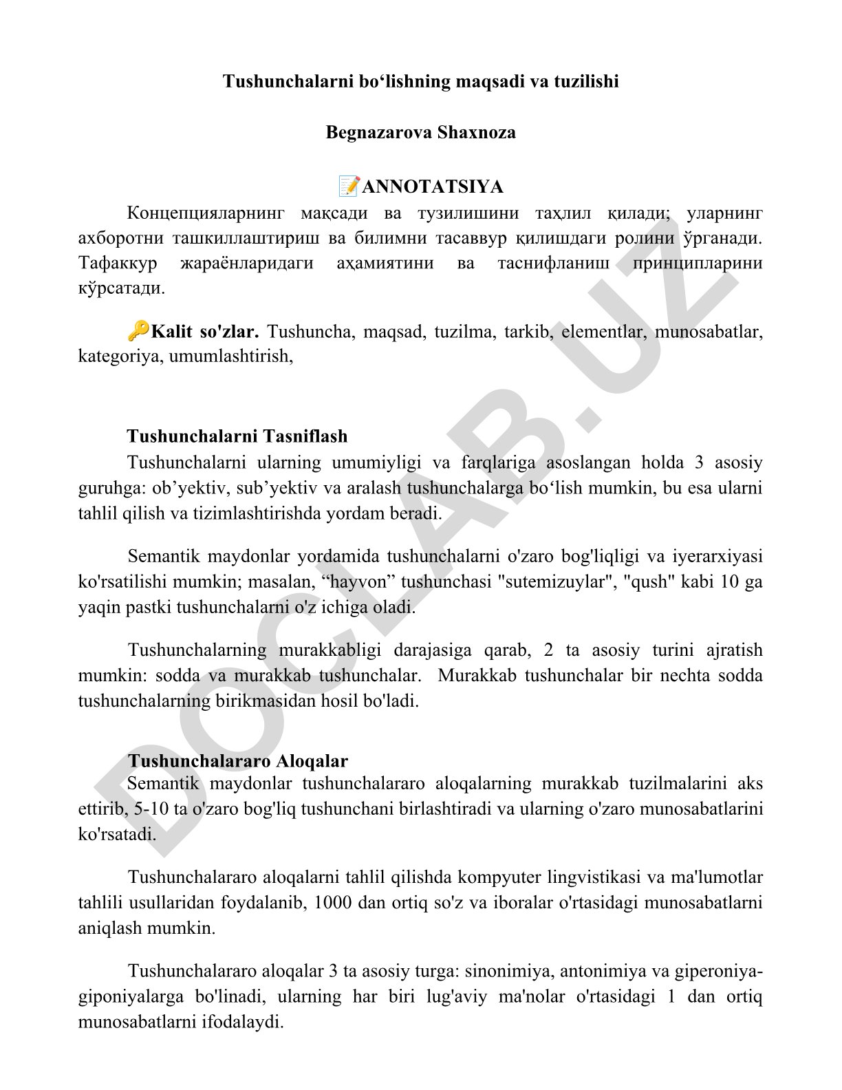 Tushunchalarning maqsadi, tuzilishi va tasnifi
