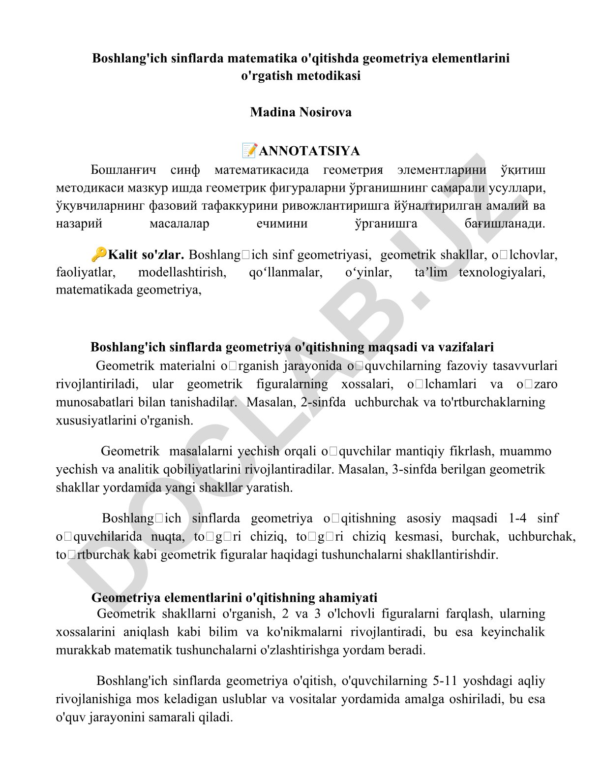 Boshlang'ich sinflarda geometriya elementlarini o'qitish metodikasi