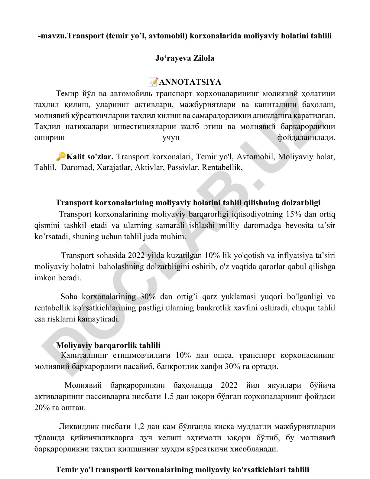 Transport korxonalarida moliyaviy holatini tahlili