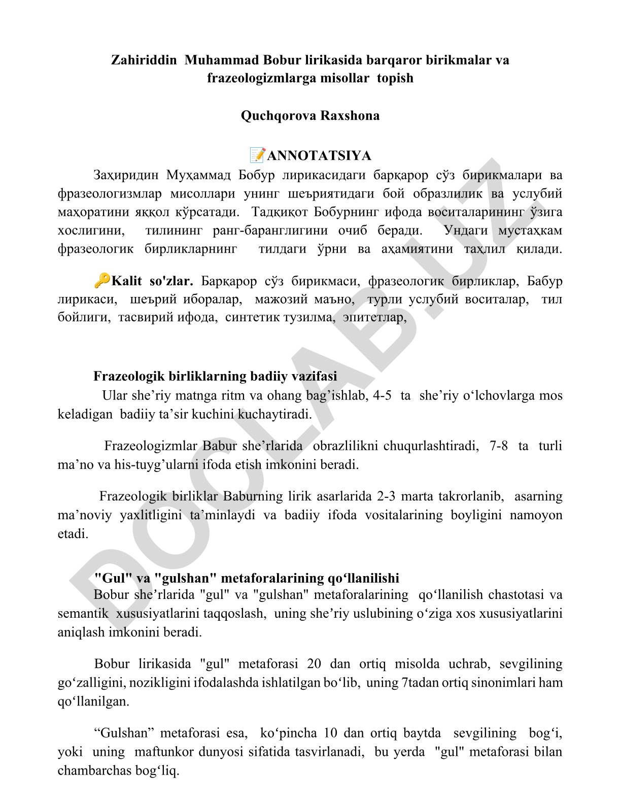 Zahiriddin Muhammad Bobur lirikasida barqaror birikmalar va frazeologizmlar