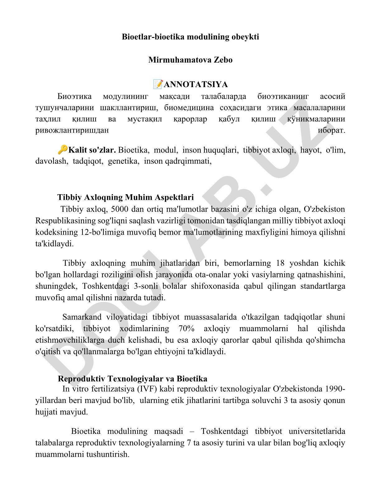 Bioetika moduli: asosiy tushunchalar va tibbiy axloq masalalari