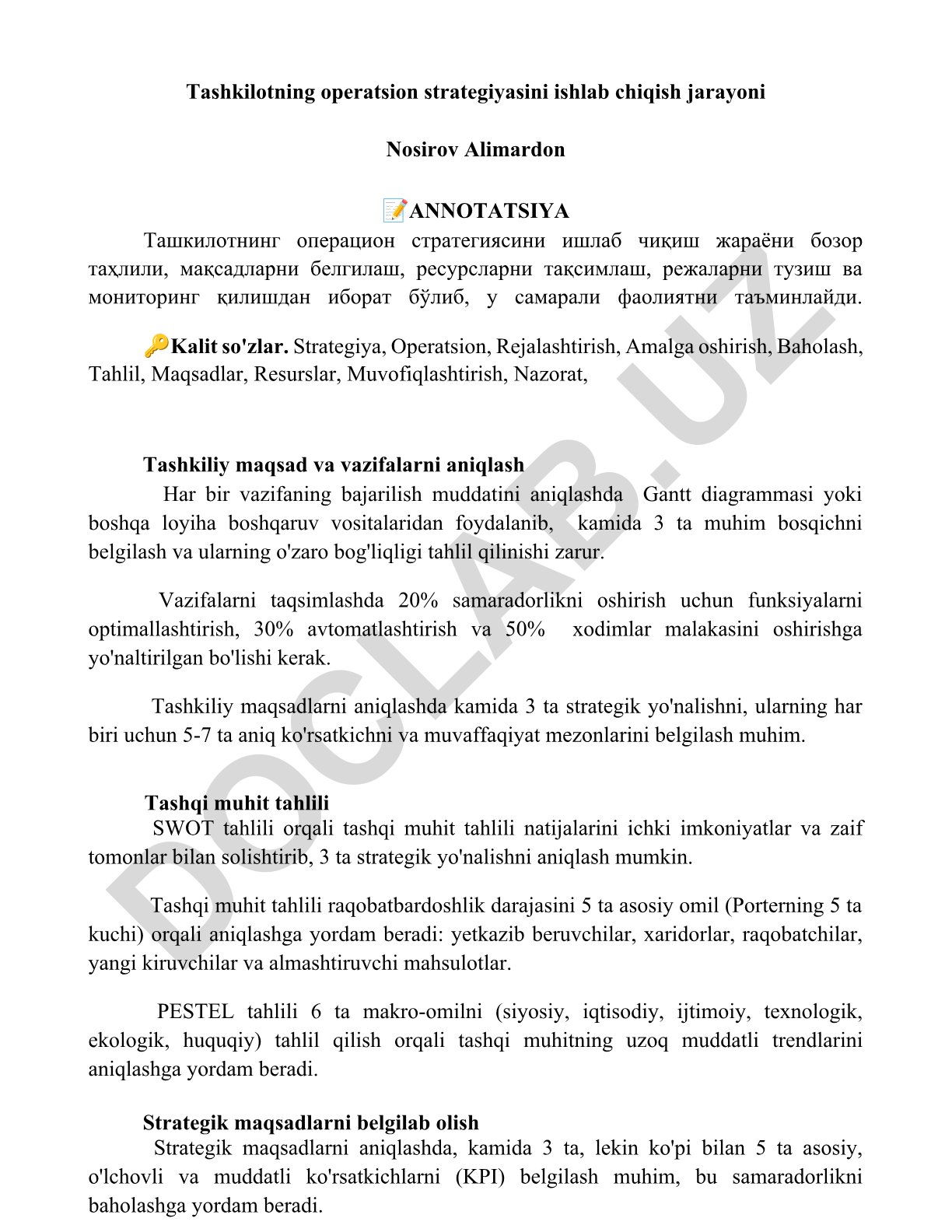 Tashkilotning operatsion strategiyasini ishlab chiqish jarayoni