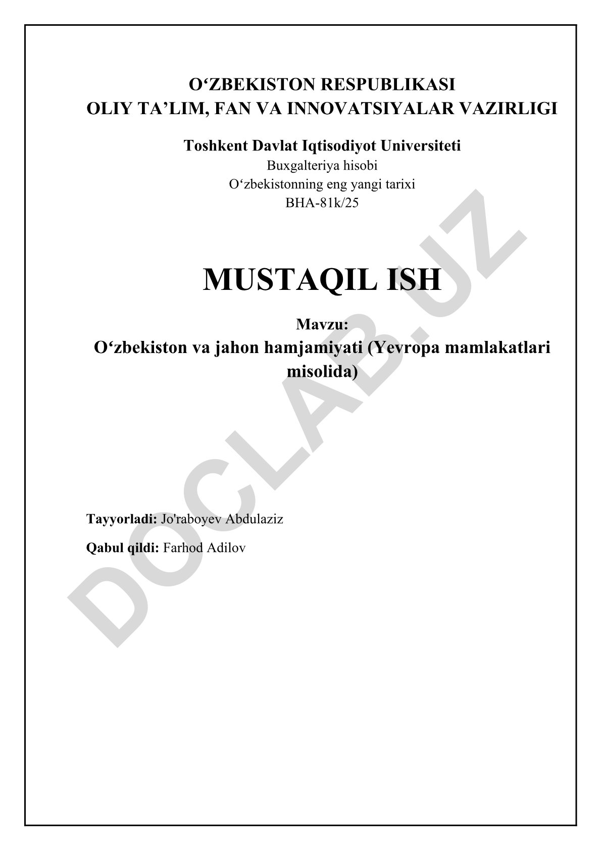 Oʻzbekiston va jahon hamjamiyati (Yevropa mamlakatlari misolida)