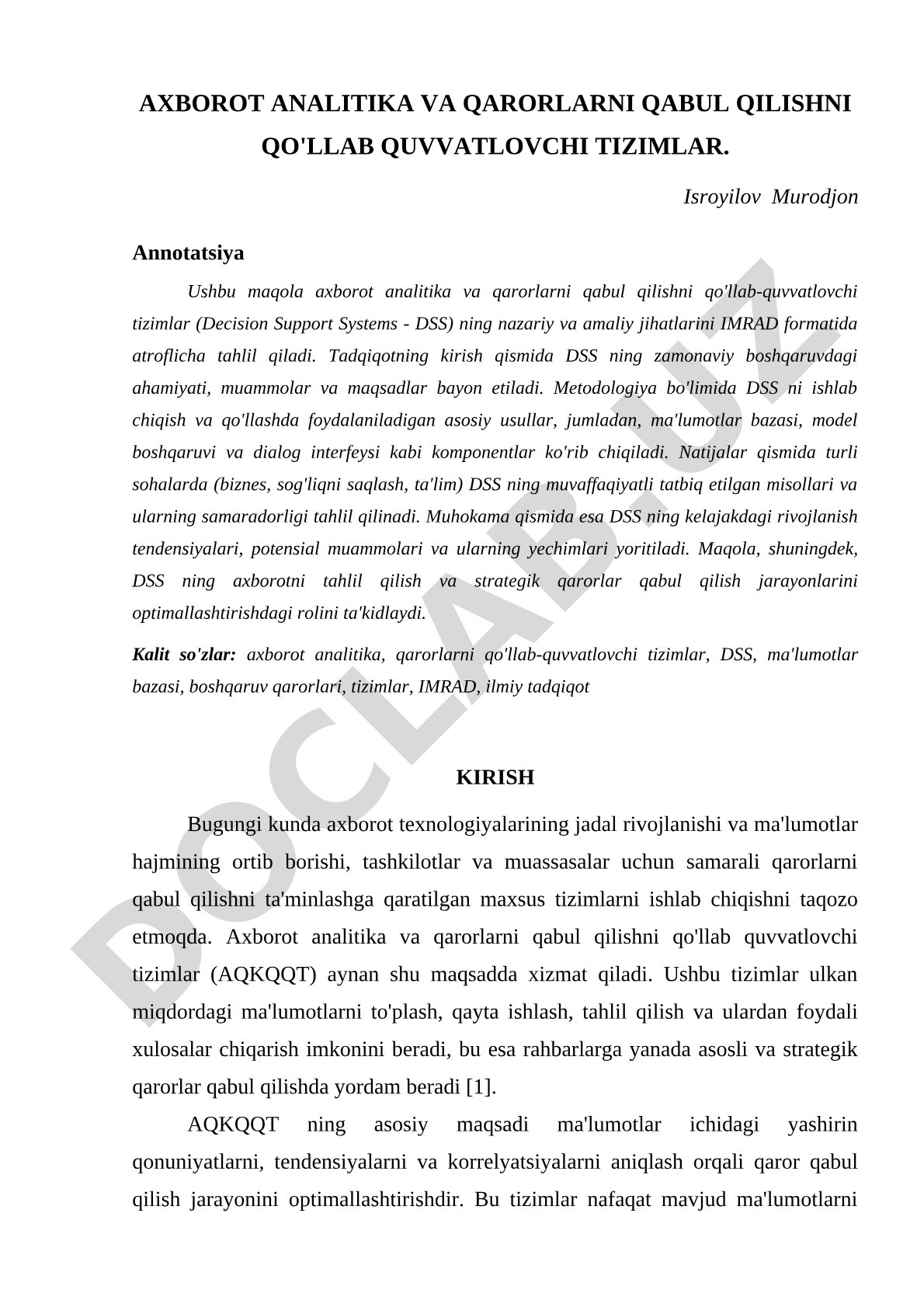Axborot analitika va qarorlarni qabul qilishni qo'llab-quvvatlovchi tizimlar