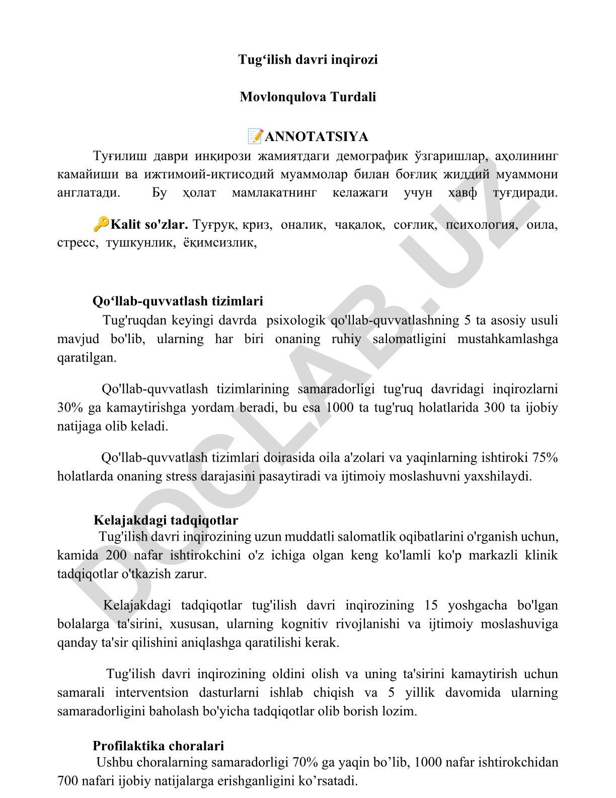 Tug'ilish davri inqirozi va psixologik qo'llab-quvvatlash tizimlari