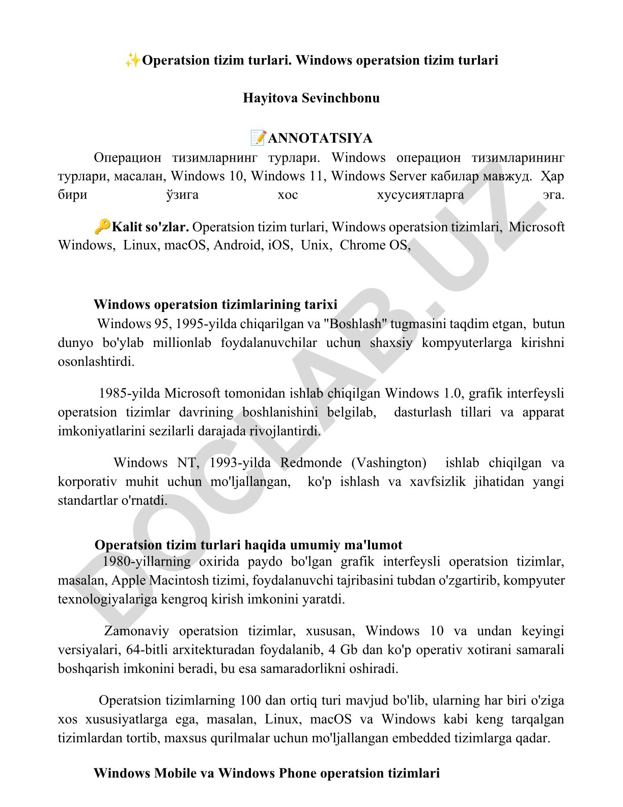 Operatsion tizim turlari va Windows operatsion tizimlari