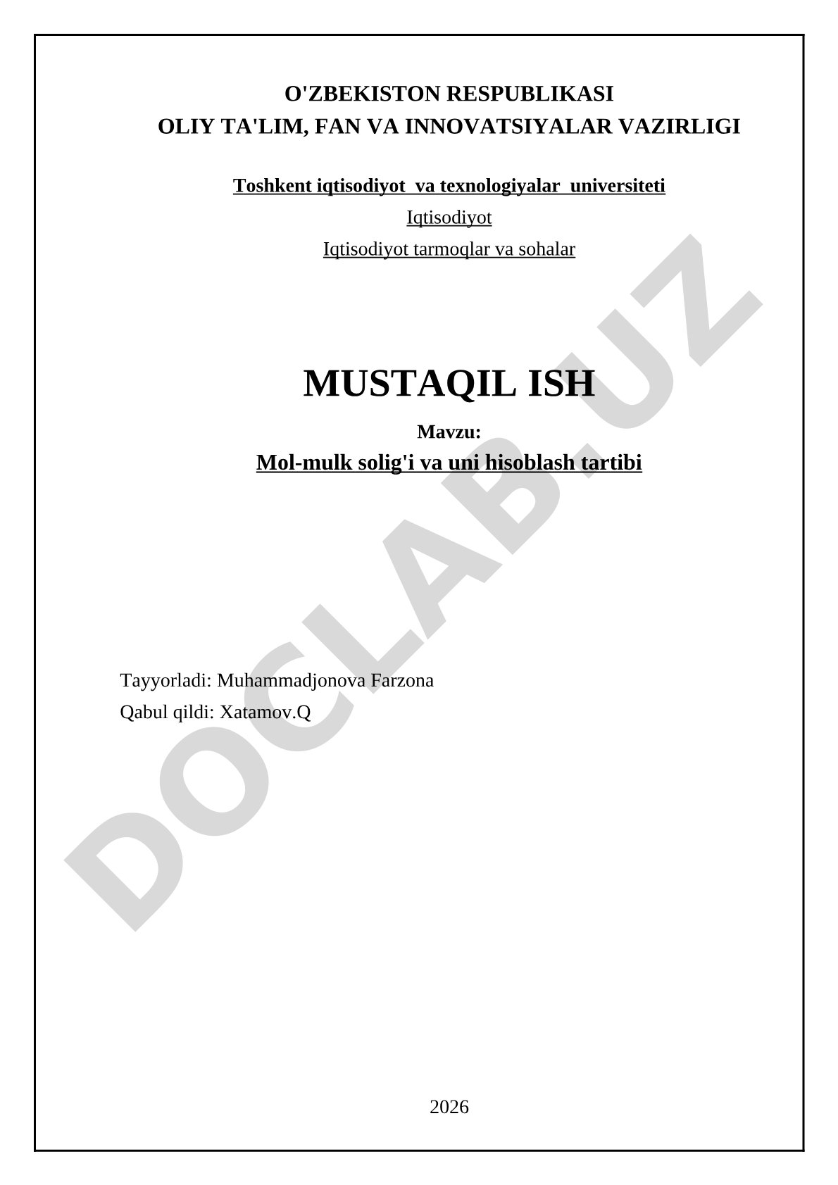 Mol-mulk solig'i va uni hisoblash tartibi