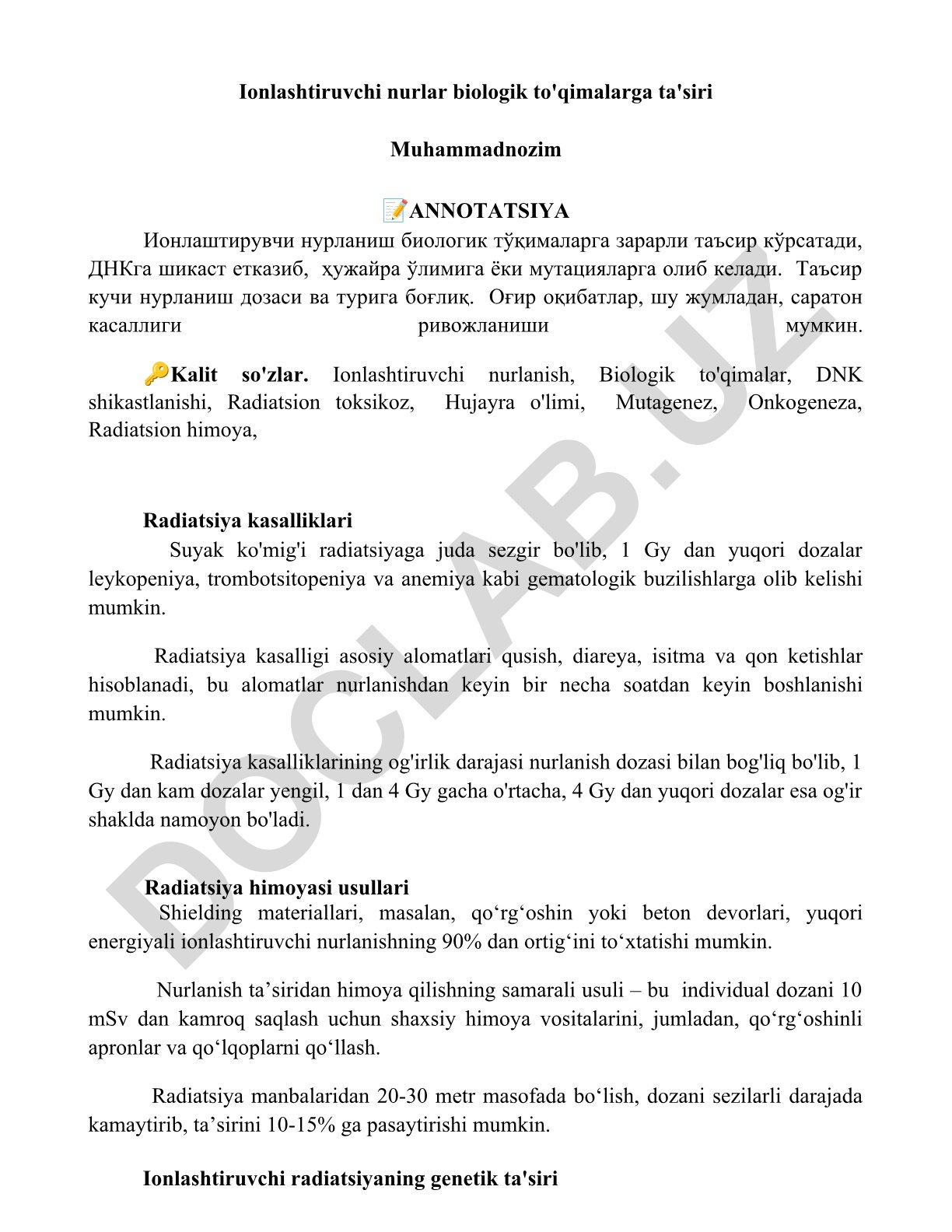 Ionlashtiruvchi nurlar biologik to'qimalarga ta'siri