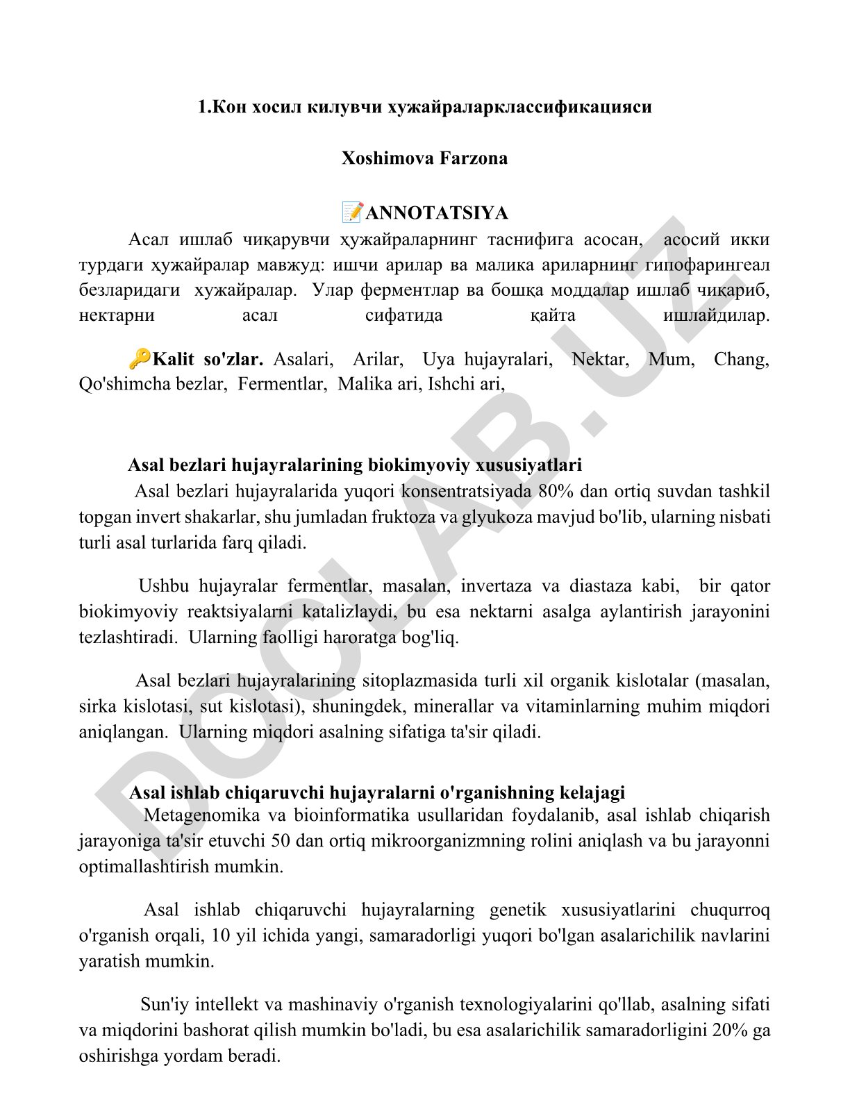 Asal hosil qiluvchi hujayralar tasnifi va biokimyoviy xususiyatlari