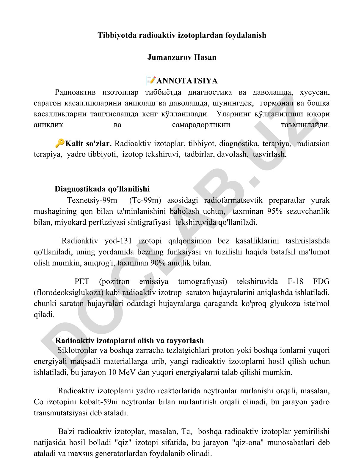 Tibbiyotda radioaktiv izotoplardan foydalanish