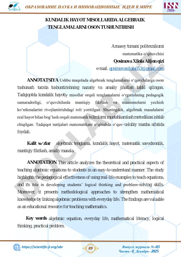 Kundalik hayot misollarida algebraik tenglamalarni oson tushuntirish