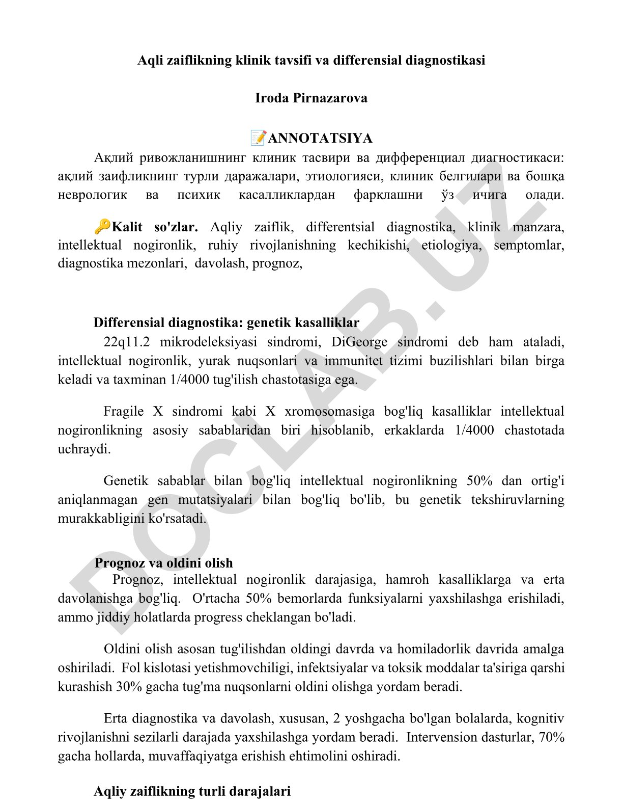 Aqli zaiflikning klinik tavsifi va differensial diagnostikasi