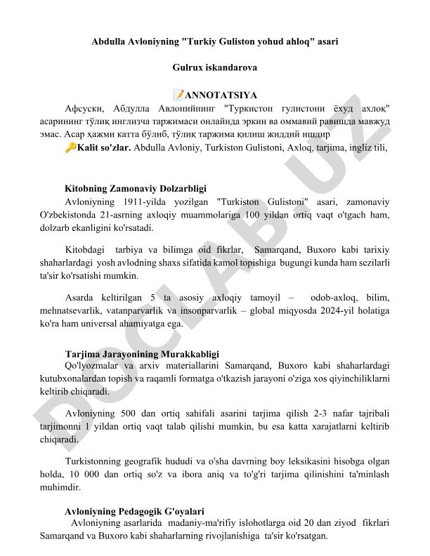 Abdulla Avloniyning Turkiston Gulistoni yohud axloq asari va uning inglizcha tarjimasi