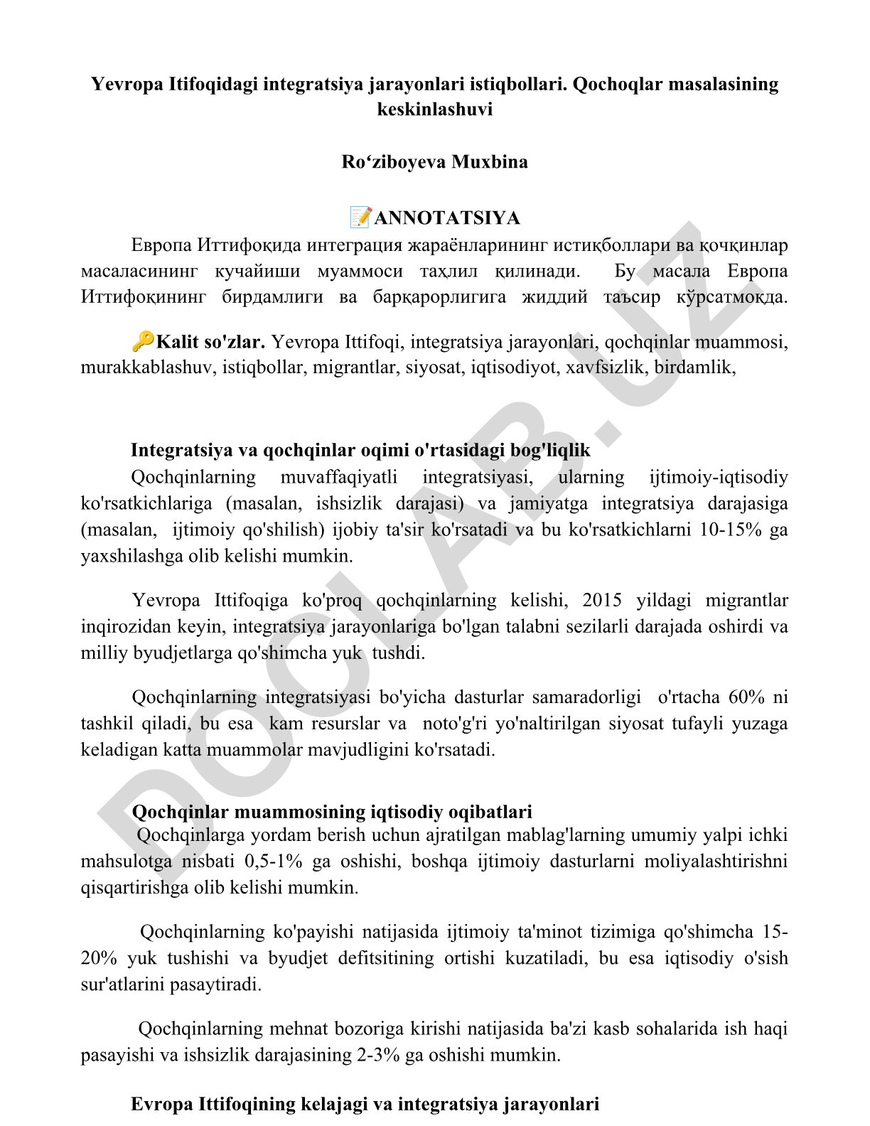 Yevropa Ittifoqidagi integratsiya jarayonlari istiqbollari va qochqinlar masalasining keskinlashuvi
