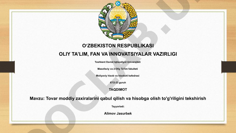 Tovar moddiy zaxiralarini qabul qilish va hisobga olish to'g'riligini tekshirish