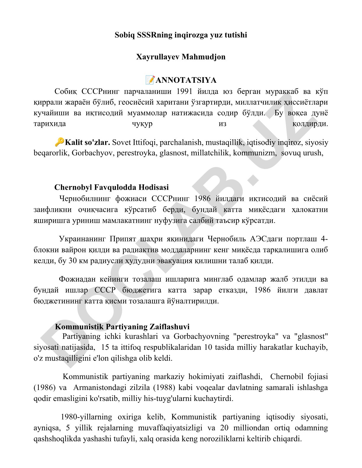 Sobiq SSSRning inqirozga yuz tutishi va Chernobil fojiasi
