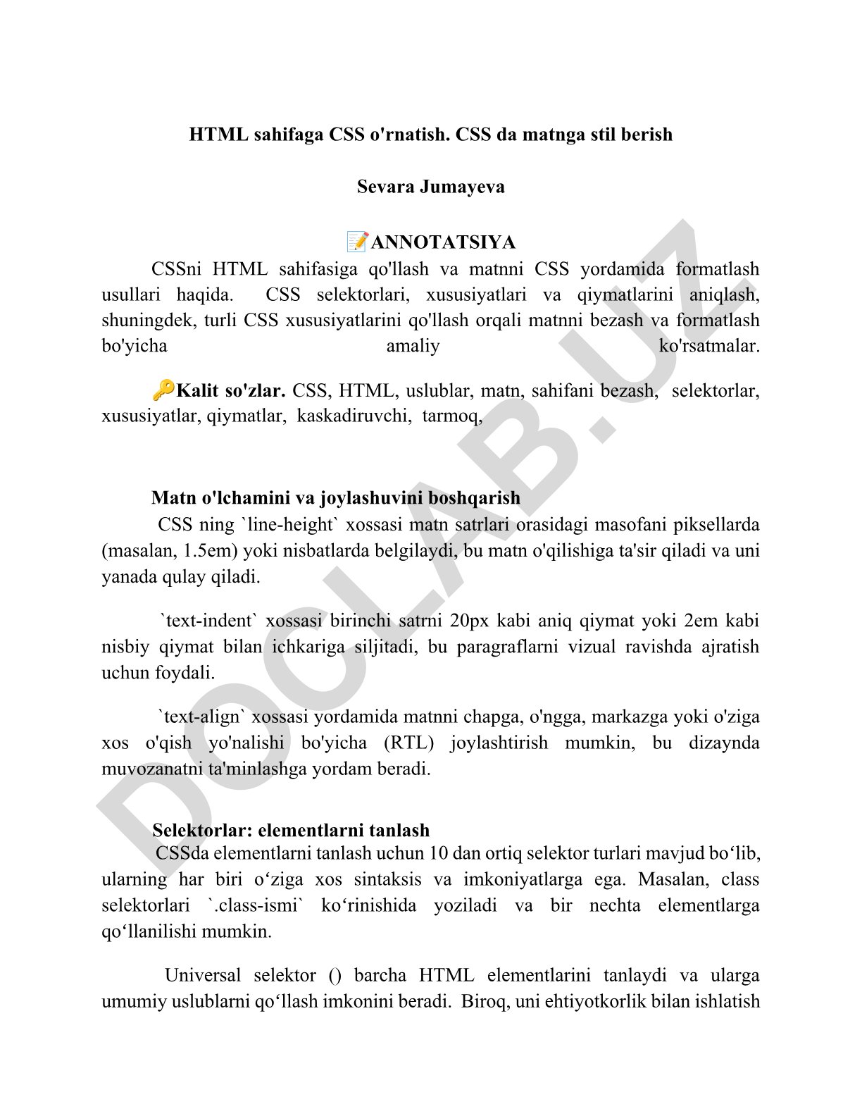 HTML sahifaga CSS o'rnatish va matnga stil berish