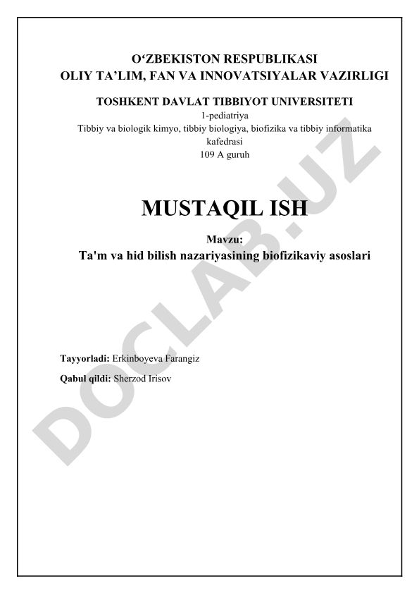 Ta'm va hid bilish nazariyasining biofizikaviy asoslari