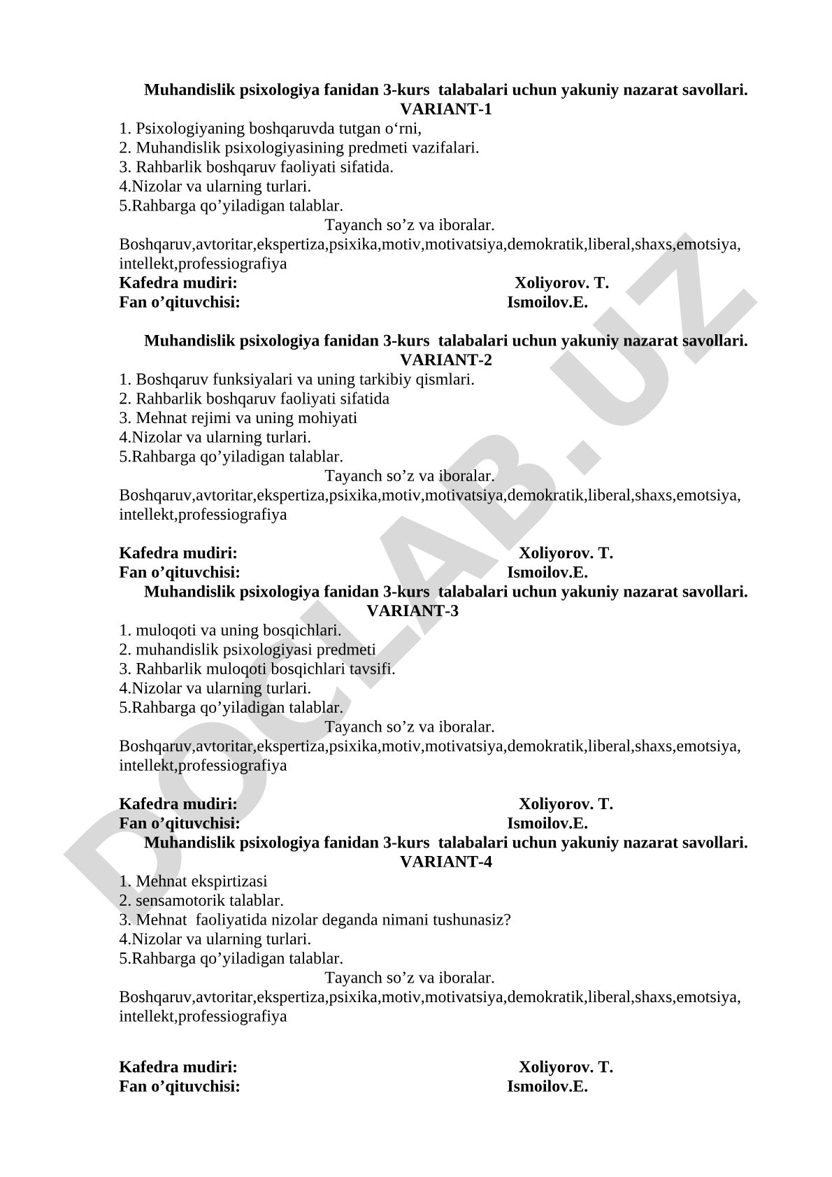 Muhandislik psixologiya fanidan yakuniy nazarat savollari