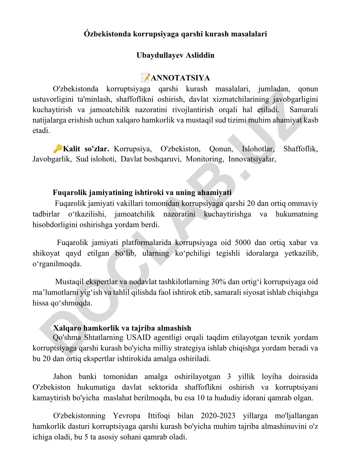 O'zbekistonda korrupsiyaga qarshi kurash masalalari