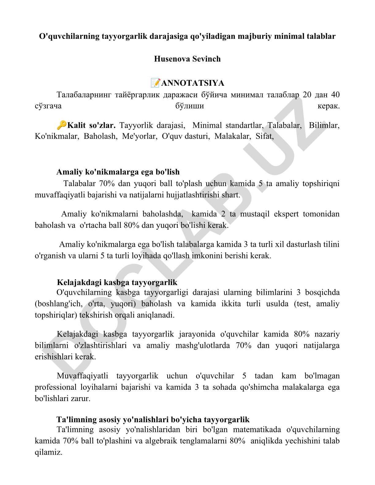Talabalarning tayyorgarlik darajasiga qo'yiladigan minimal talablar