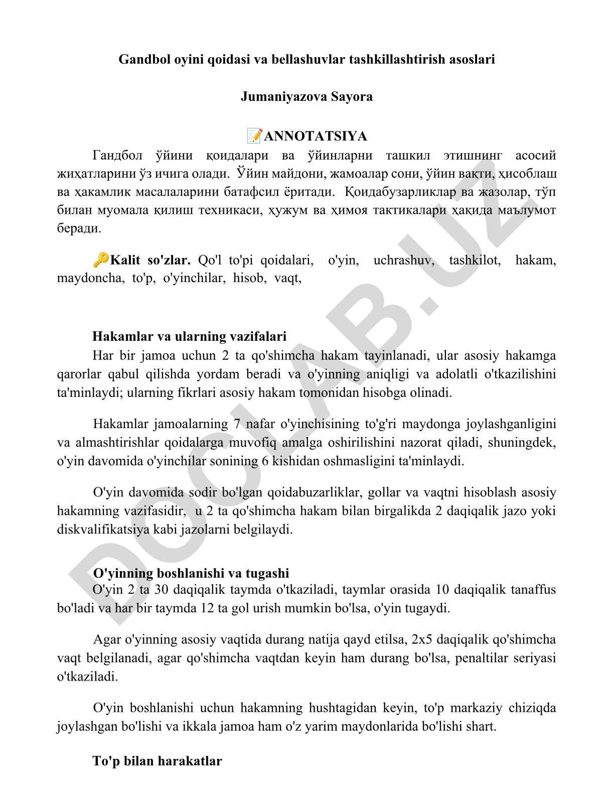 Gandbol oyini qoidasi va bellashuvlar tashkillashtirish asoslari