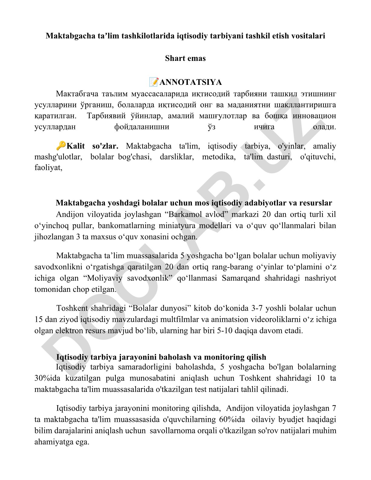 Maktabgacha taʼlim tashkilotlarida iqtisodiy tarbiyani tashkil etish vositalari