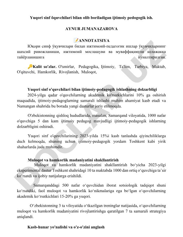 Yuqori sinf o'quvchilari bilan ijtimoiy-pedagogik ishlar