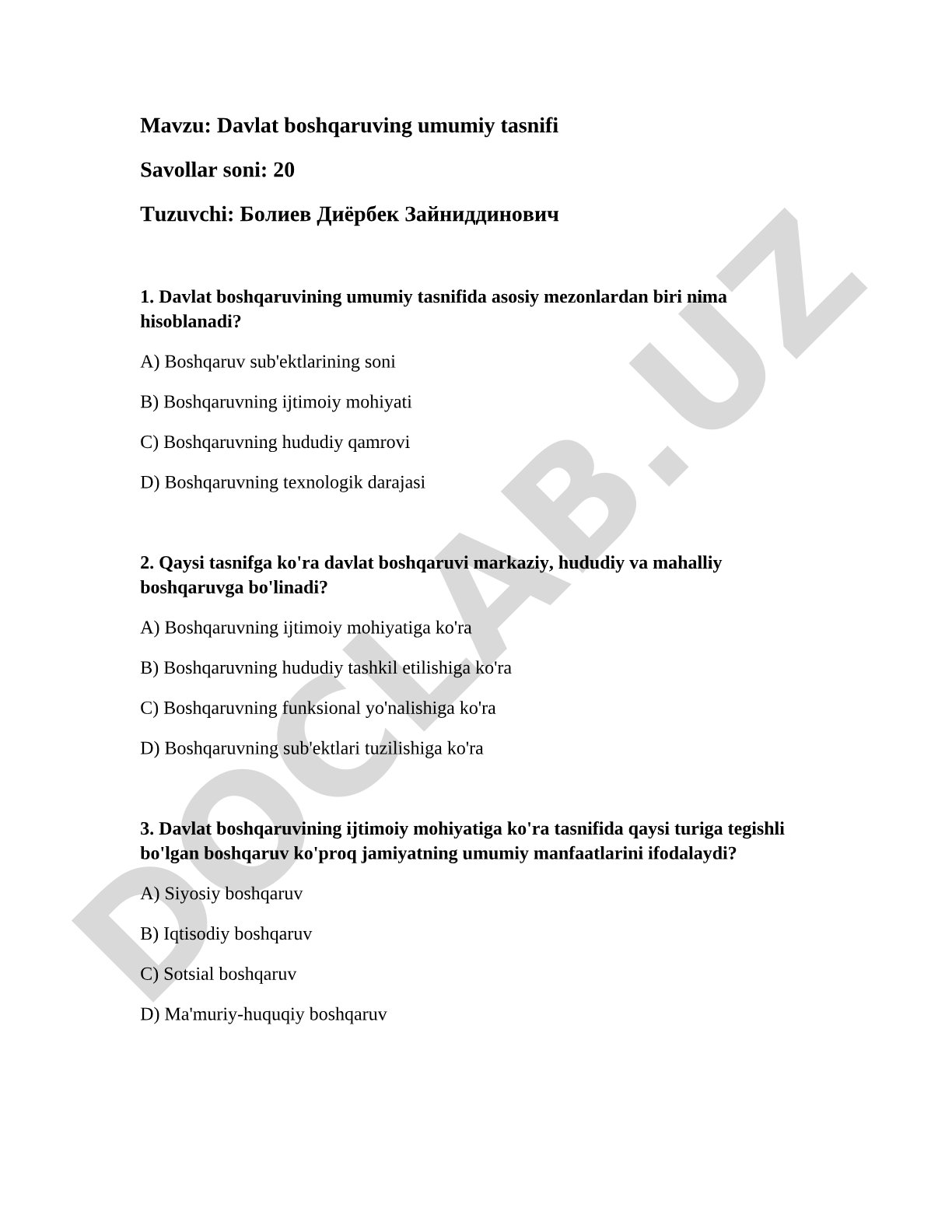 Davlat boshqaruvining umumiy tasnifi