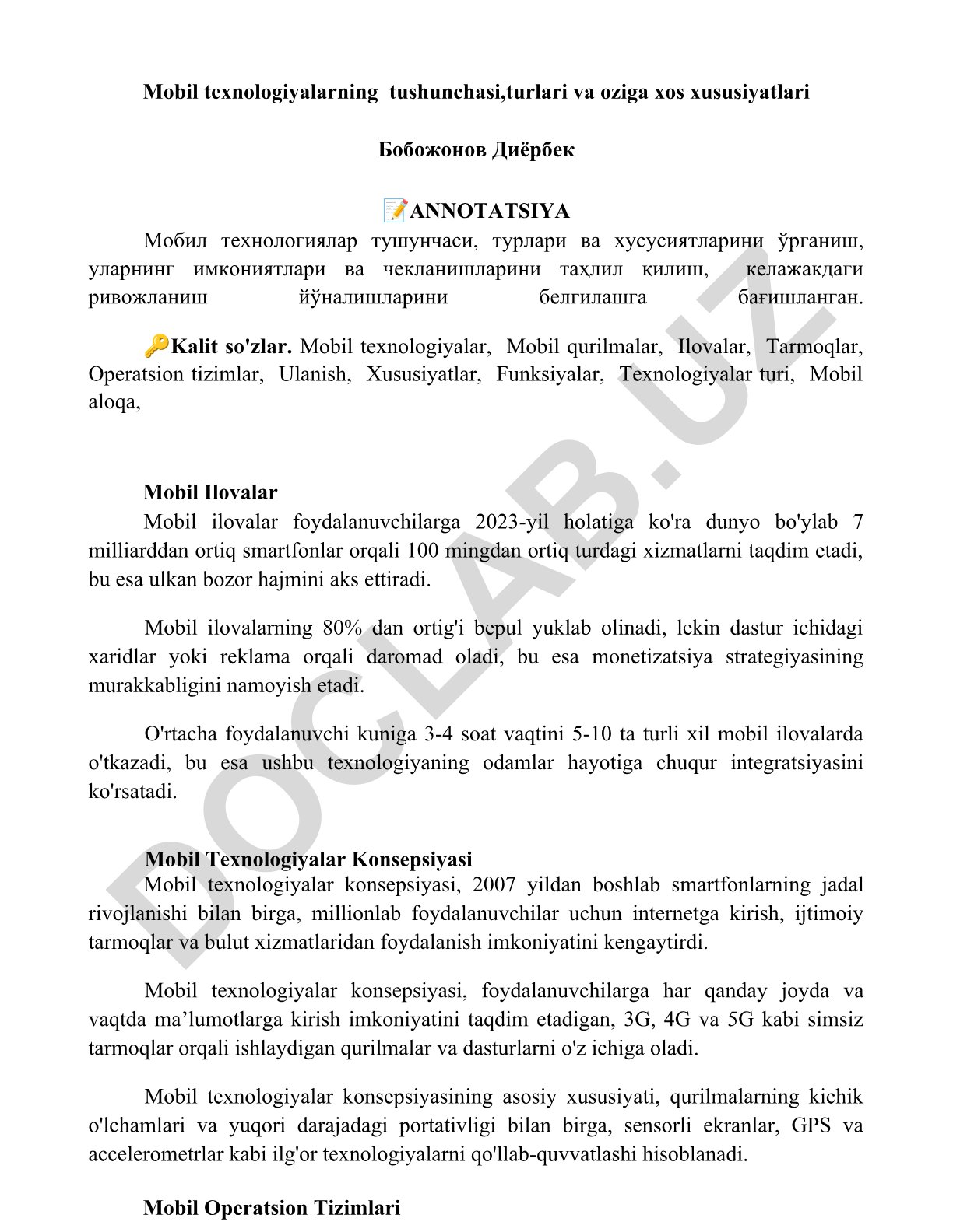 Mobil texnologiyalarning tushunchasi, turlari va oziga xos xususiyatlari
