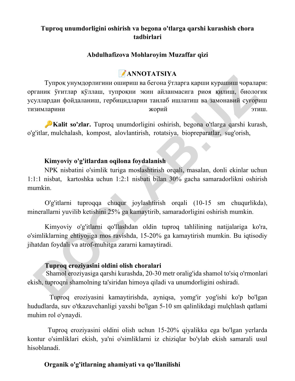 Tuproq unumdorligini oshirish va begona o'tlarga qarshi kurashish chora tadbirlari