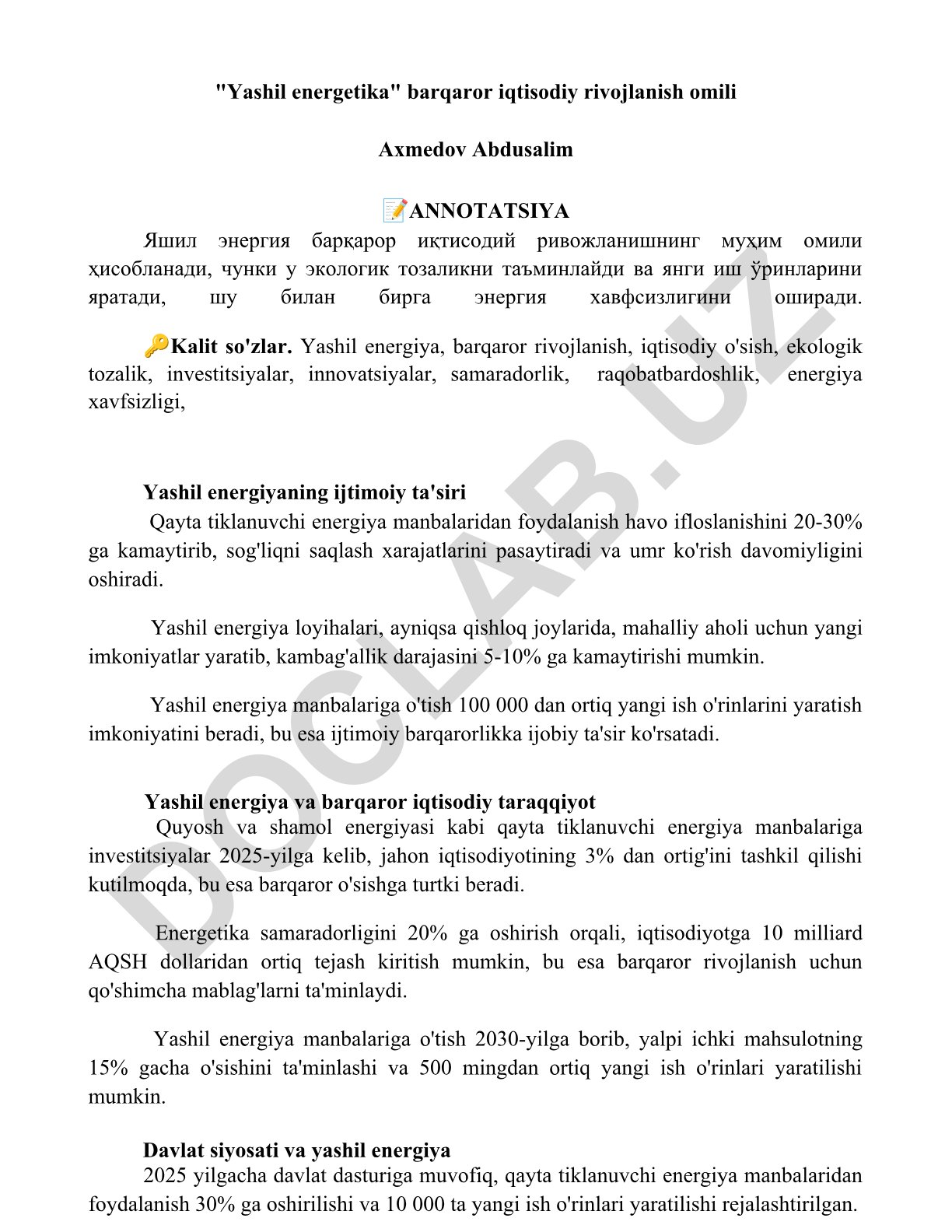 Yashil energetika barqaror iqtisodiy rivojlanish omili