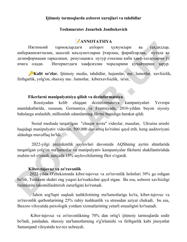 Ijtimoiy tarmoqlarda axborot xurujlari va tahdidlar
