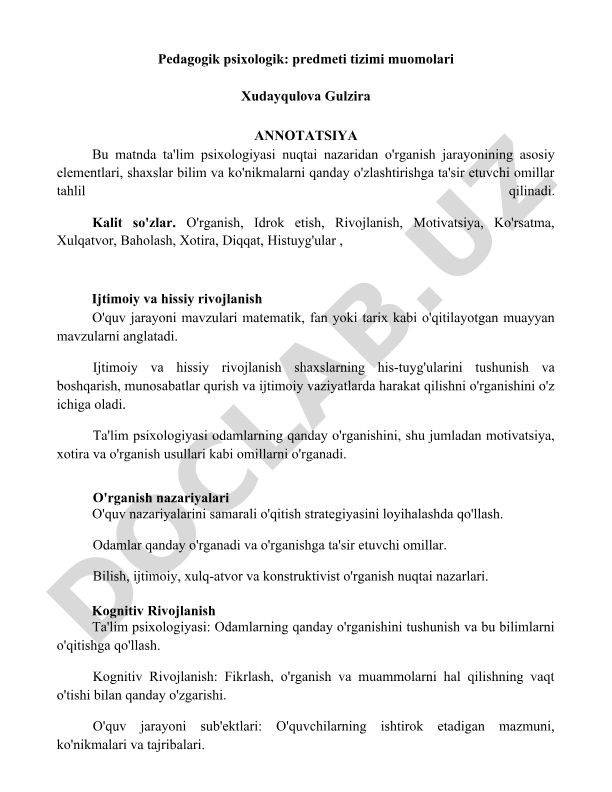 Pedagogik psixologiyaning predmeti, tizimi va muomolari