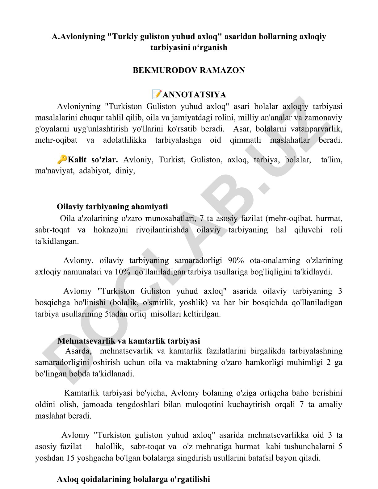 Avloniyning "Turkiy guliston yuhud axloq" asarida bolalar axloqiy tarbiyasi
