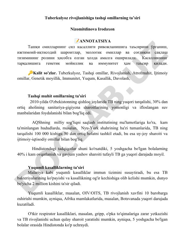 Tuberkulyoz rivojlanishiga tashqi omillarning ta'siri