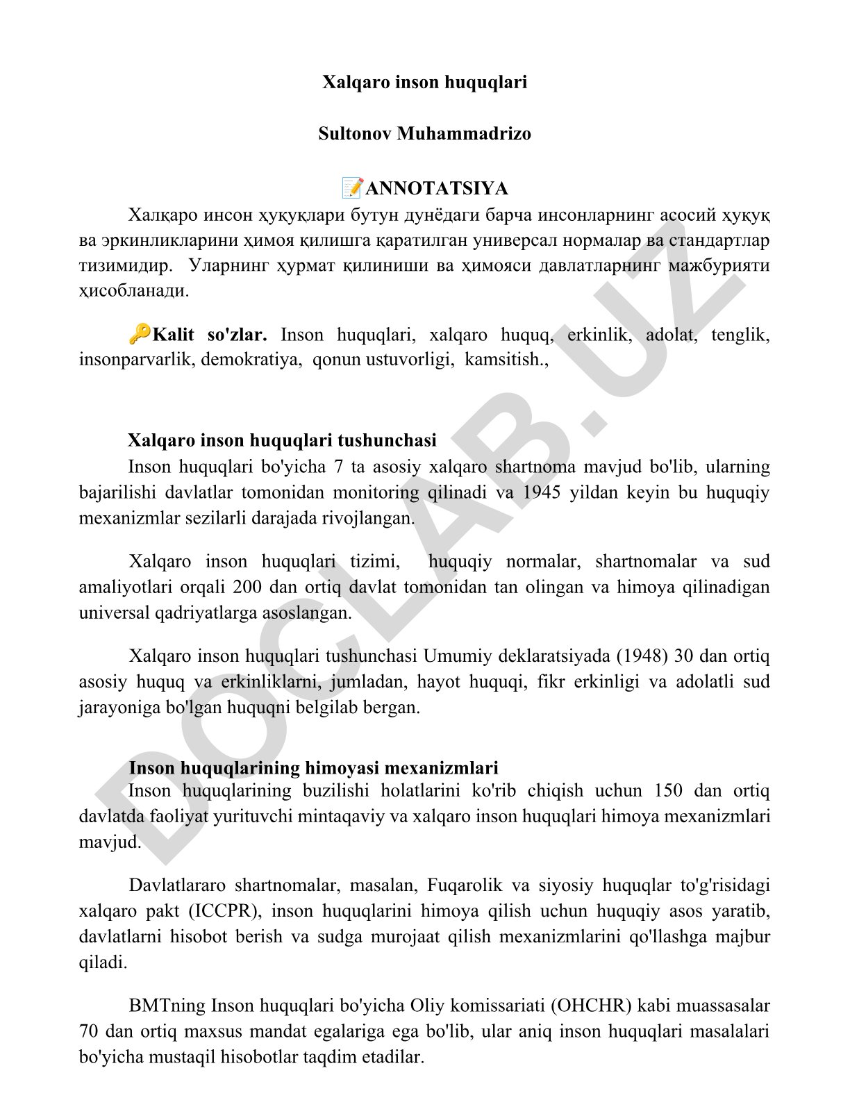 Xalqaro inson huquqlari tushunchasi va himoya mexanizmlari