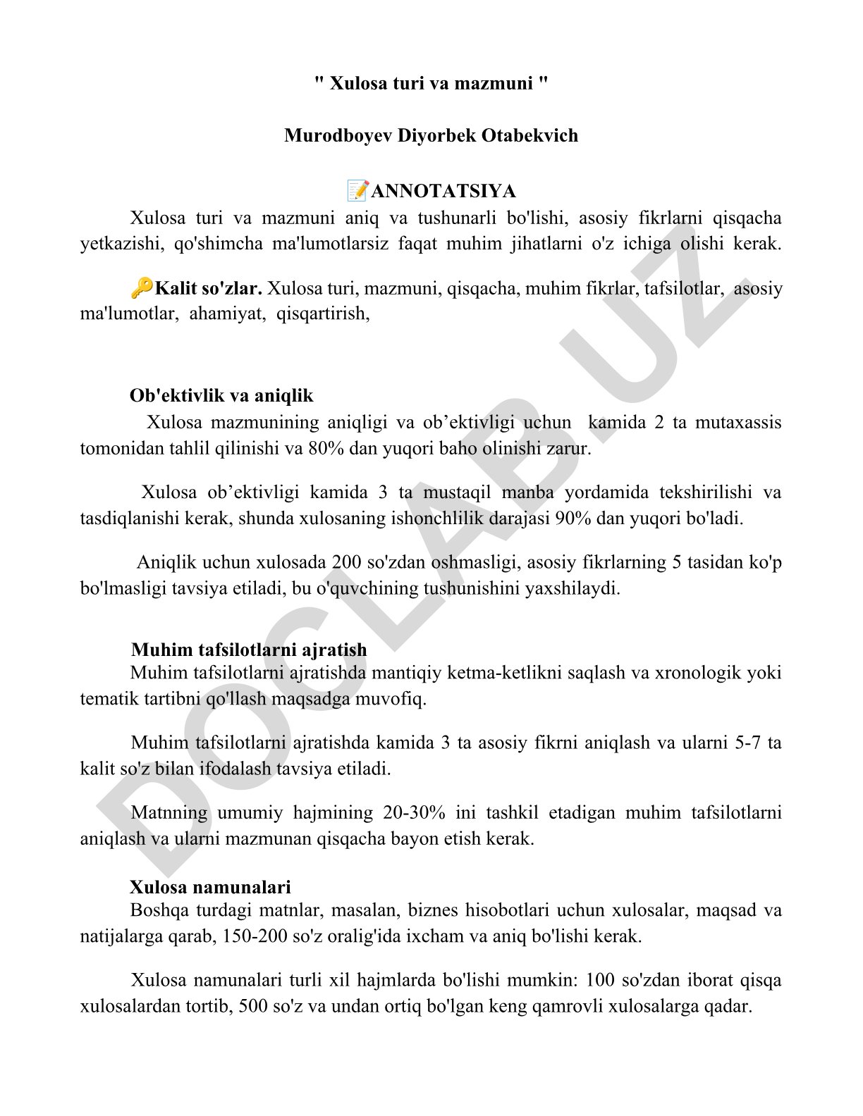 Xulosa turi va mazmuni