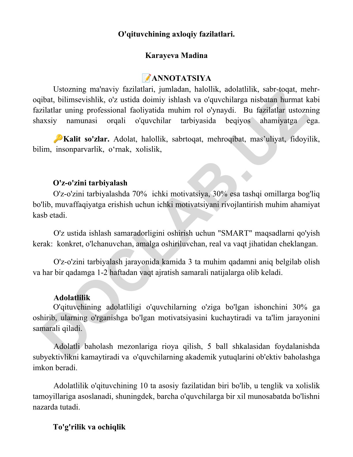 O'qituvchining axloqiy fazilatlari va o'z-o'zini tarbiyalash